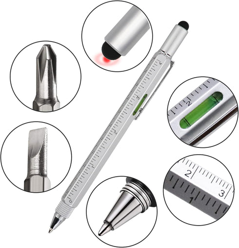 HeTaoCat Gifts Multi Tech Tool Pen 6 in 1 Stylus Pen - Screwdriver Pen with Ruler, Levelgauge, Ballpoint Pen (Silver)