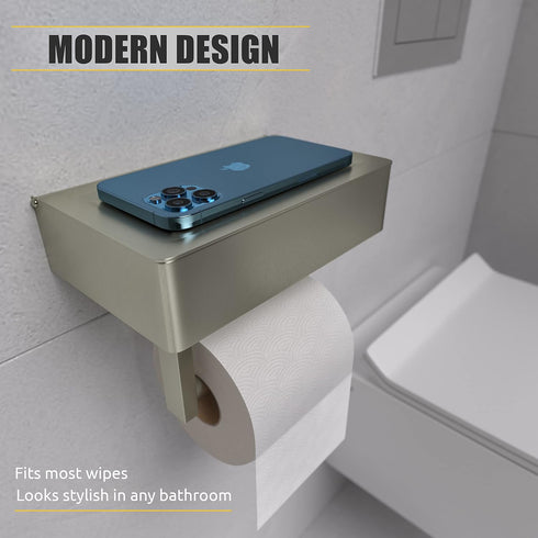SUS304 Brushed Nickel Toilet Paper Holder Wall Mounted with Shelf & Wipes Storage Stainless Steel Modern Toilet Tissue