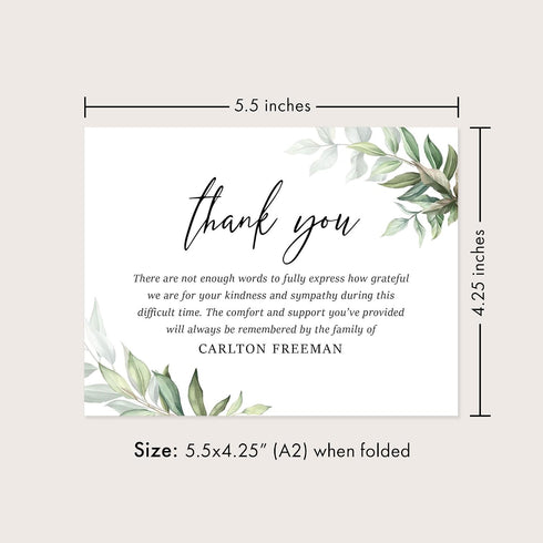 5.5x4.25 Folded Sympathy Thank You Cards - Greenery and Leaves Design, Personalized Memorial Notes, Custom Name Funeral