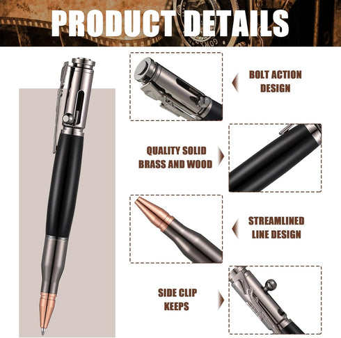 Chinco 2 Pieces Bolt Action Pen - Wood Ballpoint Solid Brass Bullet Shaped Metal Pen with 2 Refills and Present Boxes