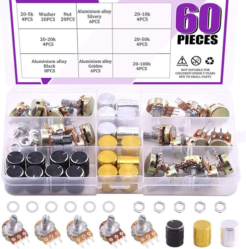 Swpeet 60PCS Knurled Shaft Linear Rotary Taper Potentiometer B5K 10K 20K 50K 100K with 20Pcs Knob Kit
