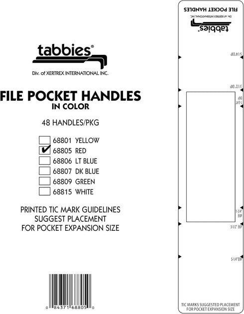 Tabbies File Pocket Handles, 9.63 X 2, Red/White, 12 Sheets/Pack