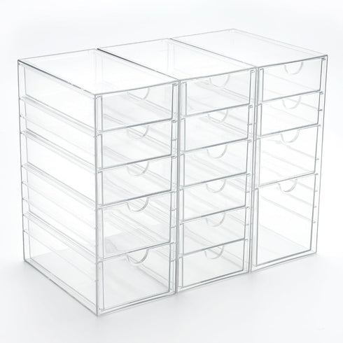 Prsildan Acrylic Drawer Organizer Set of 3 with 15 Drawers, Clear Stackable Storage for Makeup, Jewelry, Office