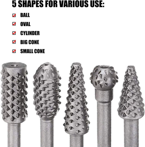 5 PCS Rotary Drill Bit Set for Woodworking - Rasp Wood Carving Bits 1/4 Shank Power Carving Bits Rotary Burr Set