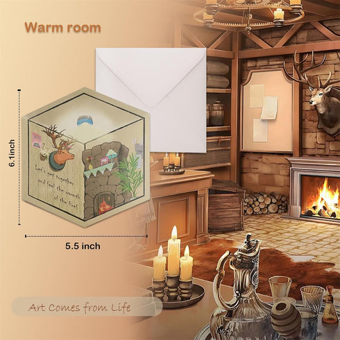 Hand-Painted Elk 3D Greeting Cards with Envelopes, Holiday Creative Household Watercolors Illustration Gifts