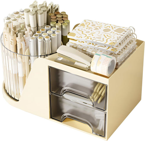 Cute Rotation Pen Holder for Desk - Beige Pencil Cup Pot Organizer for Girls, Kids, and Makeup Brushes