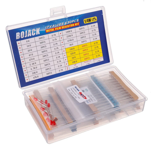 BOJACK 630 Pcs 17 Values Resistor Kit 0 Ohm-1M Ohm with 1% 1/4W Metal Film Resistors Assortment