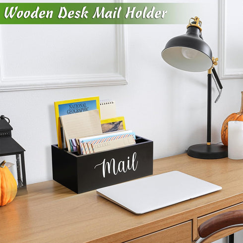 DRASTAR Wooden Mail Organizer with 3 Slots, Black Countertop Mail Holder, Desktop Sorter for Home Office Accessories
