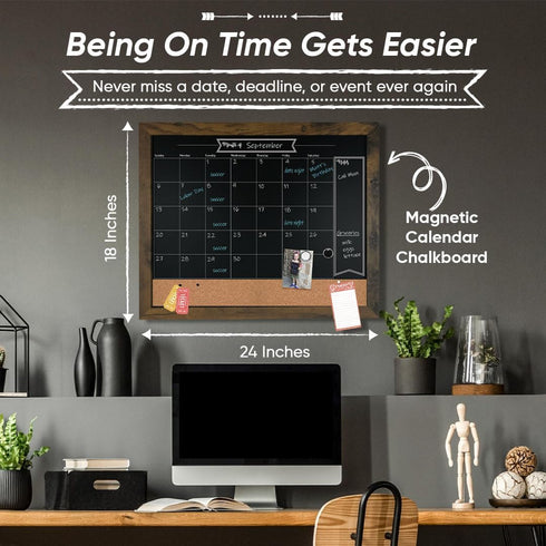 Loddie Doddie 18x24 Rustic Framed Chalkboard Calendar and Bulletin Combo Board, Includes Chalk Markers, Push-Pins, and