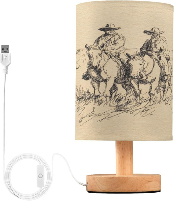 Western Scenery Cowboy Bedside Table Lamp Small Desk Lamps Linen Fabric Shade