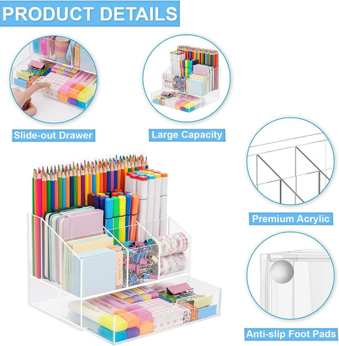 VITVITI Acrylic Desk Organizer, Upgraded Clear Pencil Organizer with Drawer, 7 Compartments for Office Supply