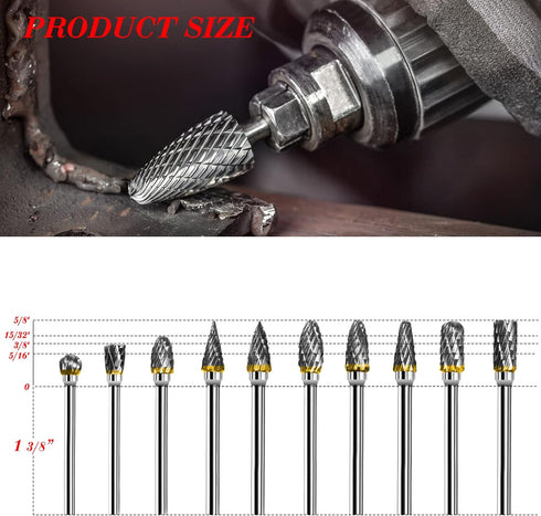 BIGOU Carbide Rotary Burr Set - 10PCS Double Cut Carving Burr Bits, Tungsten Carbide 1/8" Shank for DIY Metal Polishing