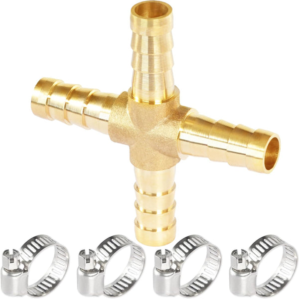 Brass Hose Barb 4 Way Fitting 5/16" (8mm) Barb Splicer with Stainless Steel Pipe Clamps for Air Hose Repair