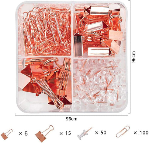 Paper Clips and Binder Clips Set, Metal Assorted Sized Binders with Push Pins, Cute Rosegold Office Supplies for Desk,