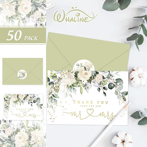 50 Pack Whaline Floral Wedding Thank You Cards Flower with Eucalyptus Leaves Mr & Mrs Thank You Greeting Note Cards