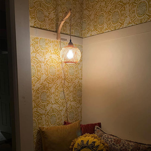 Frideko Bamboo Lantern Plug in Wall Sconces Wicker Wall Lamp with Plug in Cord Hand Woven Rattan Wall Light Farmhouse
