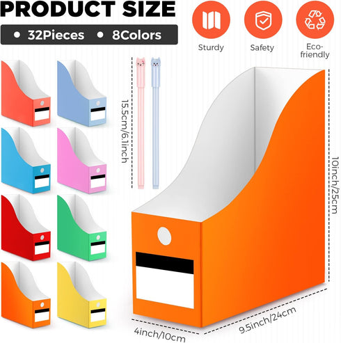 Jutom 32 Pcs Magazine File Holder Set, Colored Foldable Desk Organizer with White Label Stickers, Cute Cat Design