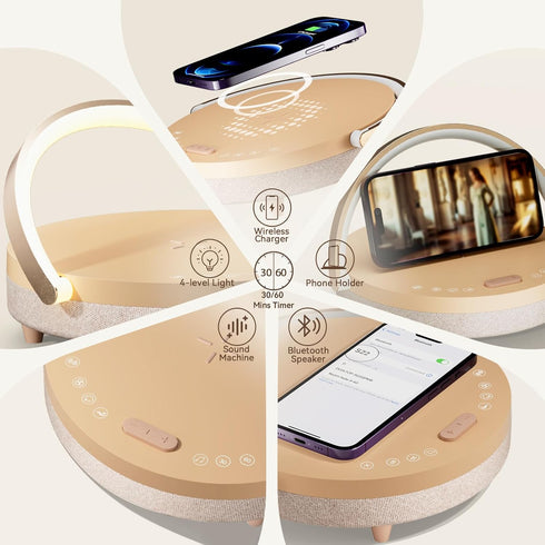 6 1 Setting Dimmable Vivilumens Birthday Gifts for Women in Bedside Lamps with Wireless Charger Bluetooth Speaker White