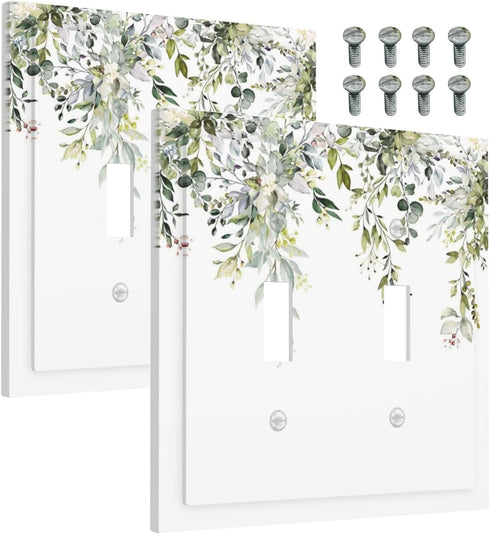 Light Switch Covers Decorative 2 Toggle, Eucalyptus Sage Green Watercolor Plant Leaves Double Toggle Wall Plate