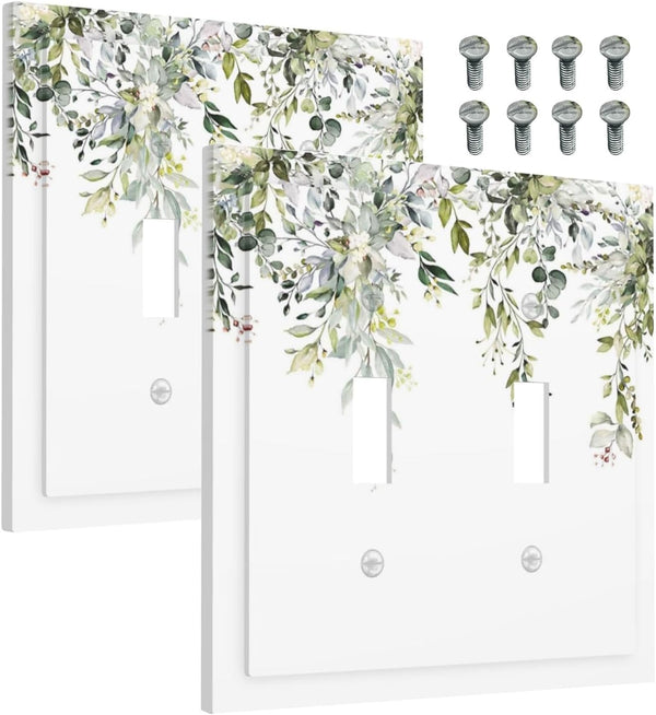 Light Switch Covers Decorative 2 Toggle, Eucalyptus Sage Green Watercolor Plant Leaves Double Toggle Wall Plate