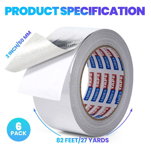 ADHES Professional Glass Fiber Aluminum Foil Tape, 2 Inch x 82 Feet, 6 Rolls Heat Proof Tape for HVAC Repair