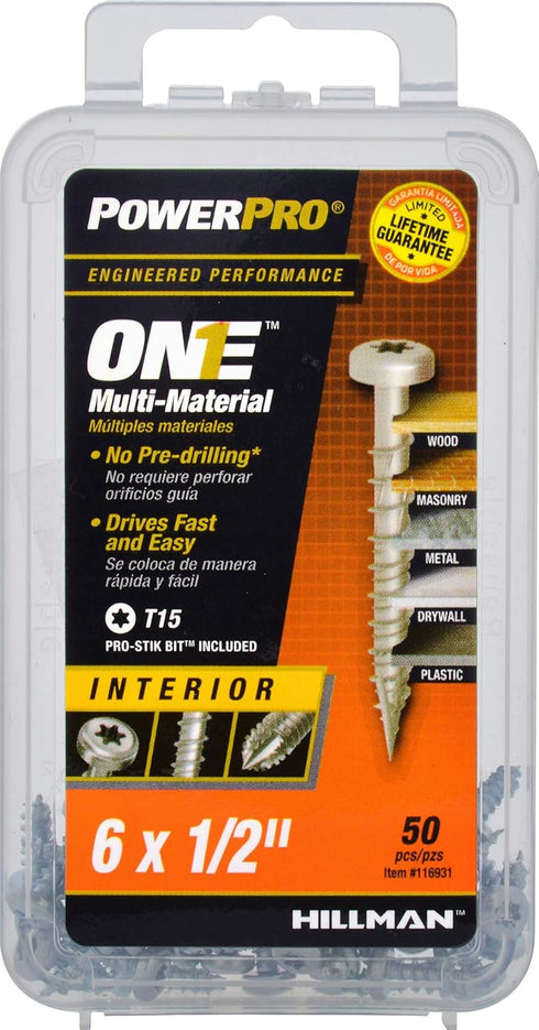 Power Pro Premium One Multi-Material Pan Head Screws, Zinc Plated Steel, #6 x ½ inch, Box of 50 Screws - Fasten in