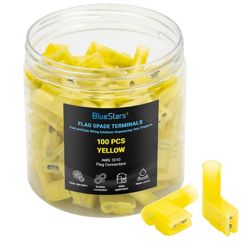 BlueStars 100 PCS YELLOW Flag Spade Terminals Female AWG 12-10, Electrical Connectors Kit, Right Angle