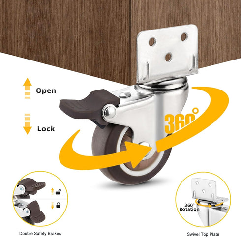 YAJIYO 1.5'' Pack 4, 40 Lbs Silent Swivel Plate TPE Caster Wheels - of Low Profile L-Bracket Casters with Brake