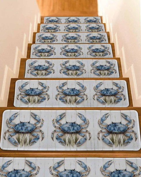BOHOOSKYLAR Farmhouse Watercolor Stair Treads Crab Ocean Marine Life Wood Grain Indoor Non
