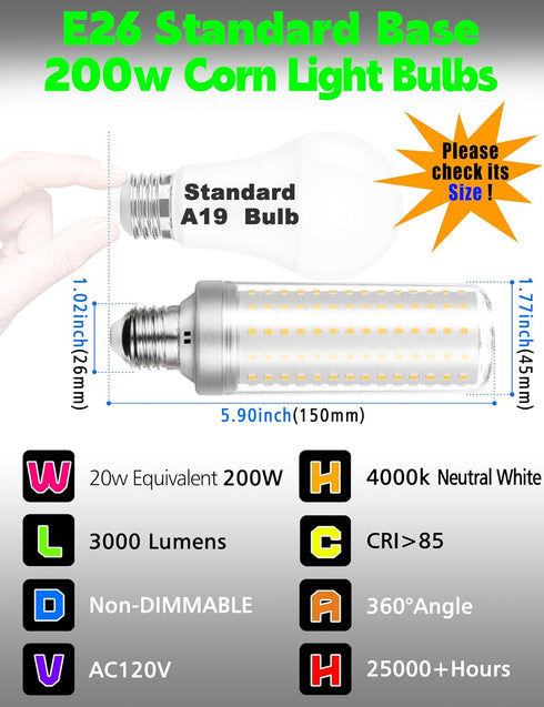 E26 200W Equivalent LED Corn Light Bulb, Non-Dimmable, 3000lm 4000K 20W Natural White Bright High Output, E26/E27 Medium Base for Candelabra, Chandelier, Ceiling fan, Table Lamps, 1 Pack by Xyanmc