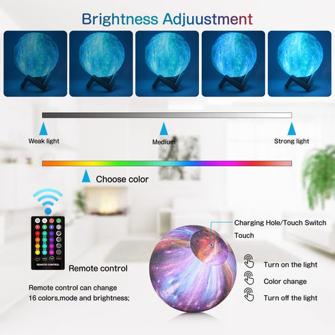 16 3D (9.6 inch) Moon Lamp, Galaxy Night Light, Colors Large galaxy light printing Moon Night Light with Stand/Remote