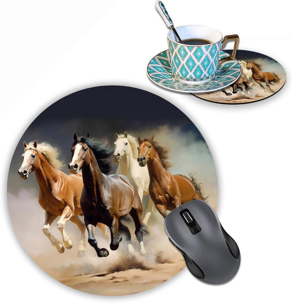 Round Mouse Pad with Coasters Set, Non-Slip Rubber Horse Design Mouse Pad for Office Desk Decor