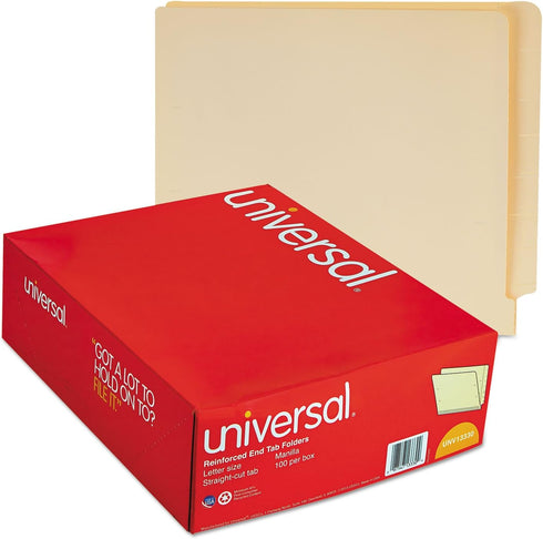 Universal UNV13330 Deluxe Reinforced Straight End Tab Folders - Manila, Letter Size (100/Box)
