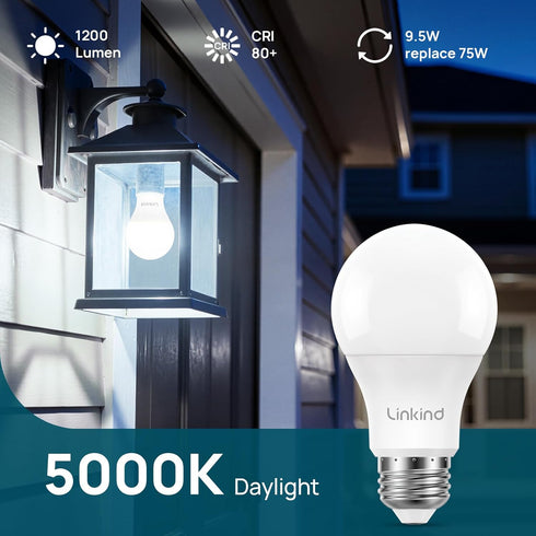Bulbs A19 Bulbs 9.5W Bulbs, 75 1200 E26 5000K 6 Pack Linkind Dusk to Dawn Light Outdoor, Sensor Led Automatic On/Off