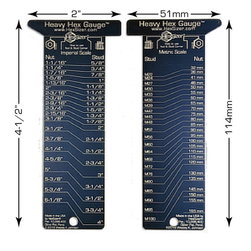 Heavy Hex Gauge Pocket Tool for Nut & Bolt Size Measurement, High Temp, Durable Metal, Laser Engraved