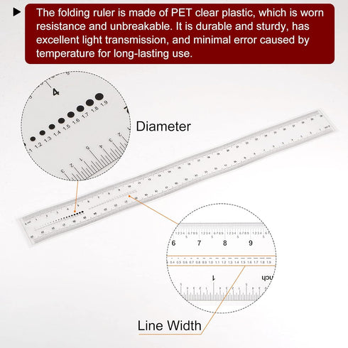 Film Flexible Ruler 30cm, Transparent PET Plastic Covered Folding Straight Ruler with 0.5mm Scale