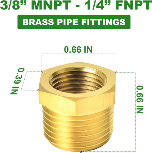TAISHER 5PCS Brass Reducer Hex Bushing, 3/8" NPT Male x 1/4" NPT Female Adapter