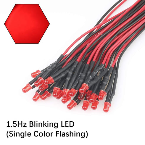 50pcs 12 Volt 3mm Red Blinking LED Lights - Emitting Diodes Pre Wired 7.9 Inch DC 12v LED Light