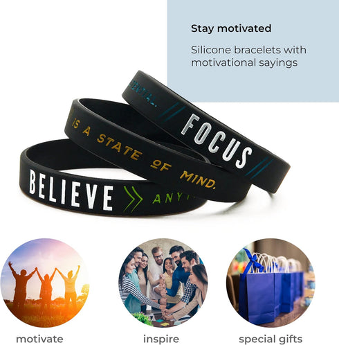 Inkstone - 10-Pack Motivational Silicone Rubber Wristbands - Success, Focus, Believe - Unisex Adult Size