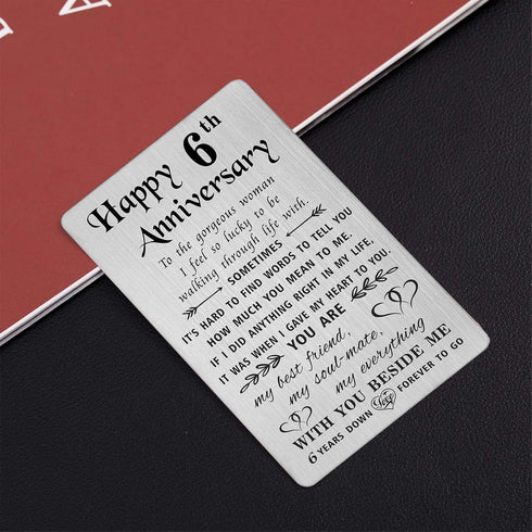 TANWIH 6th Anniversary Card for Wife - 6 Year Iron Wedding Anniversary Gifts for Her, Engraved Metal Wallet Card