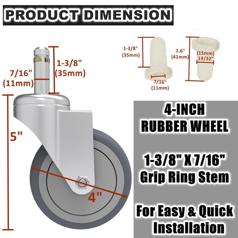 4-Inch 7/16-Inch 4 Pack RILIDRI Swivel Stem Caster, Stem Diameter Rubber Wheel, Heavy Duty TPR Replacement Wheels