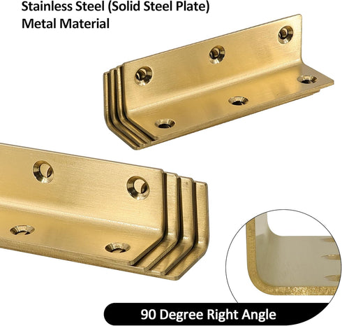 4 Pack 4 Inch 100mm L Bracket, Heavy Duty Corner Brace, Stainless Steel Shelf Bracket Angle Bracket for Shelves, Gold