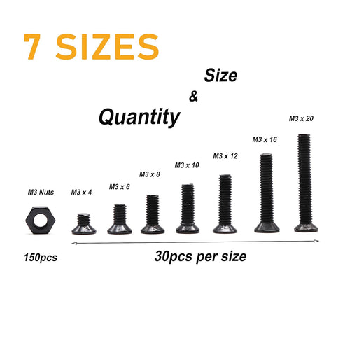 M3 360pcs (7 M3-0.5mm Countersunk 3D binifiMux Screws Kit, Sizes) Black Flat Head Phillips Machine Screws and Hex Nuts