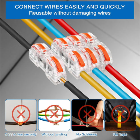 50 Pcs Compact Lever Wire Connector Assortment, Single Wire Splicing Connectors for 28 - 12 AWG (Clear, Orange)