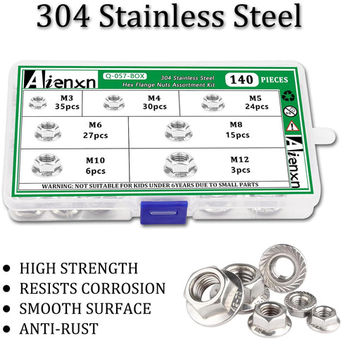 Aienxn 140PCS 7 304 -M3, M4, M5, M6, M8, M10, M12 Metric Sizes Stainless Steel Hex Flange Nuts Assortment Kit