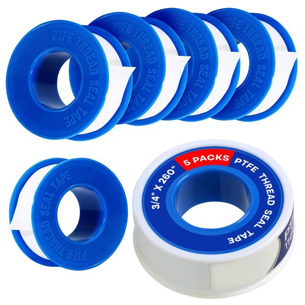 Supply Giant Plumbers PTFE Tape, 3/4" W x 260" L, 5 Rolls, High Density Thread Sealant for Plumbing