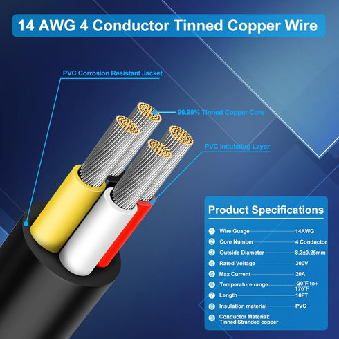 14 Gauge 4 Conductor Wire, 10FT 14/4 Tinned Copper Cable, Stranded Electrical Wires for Speaker, Automotive, Thermostat