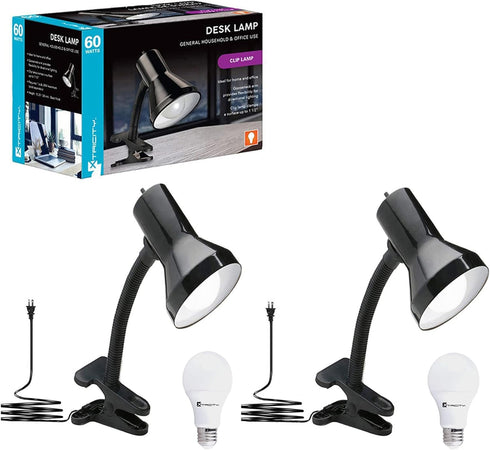 Xtricity Clip on Desk Lamp, 360° Flexible Gooseneck with 6W A19 Bulb, 10.25” Height Black Finish Reading Light (2 Pack)