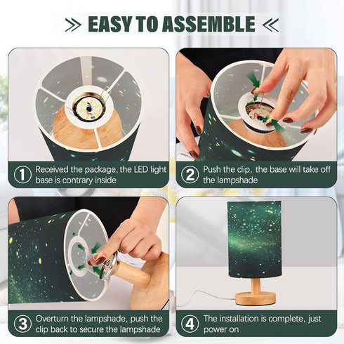 YANENDIE Green Starry Night Bedside Table Lamp, Nightstand Lamp with Linen Fabric Shade - Wooden LED Desk Lamps