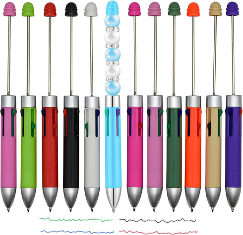 Maydahui 12PCS Multicolour Beadable Ballpoint Pens, 4 in 1 Colored Bead Pen, Plastic DIY Pens for School, Party, Office